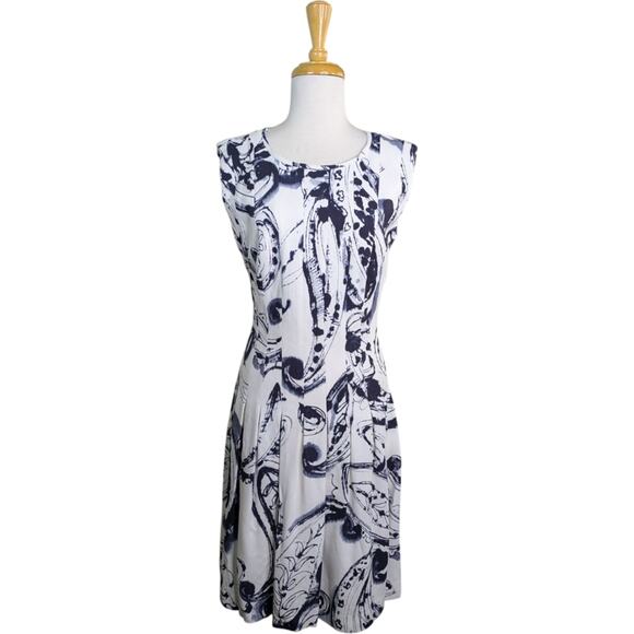 Escada Midi Dress Medium Abstract Paisley Blue Off-White Pleated Career Sleevele - Picture 12 of 12